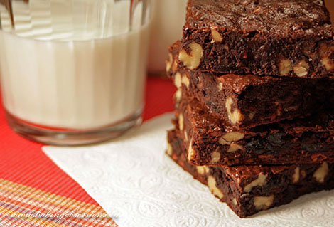 Walnut Brownies with Cocoa Nibs and Dry Cherries