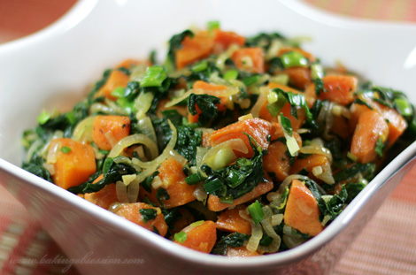 Roasted Yams with Spinach and Sautéed Onions