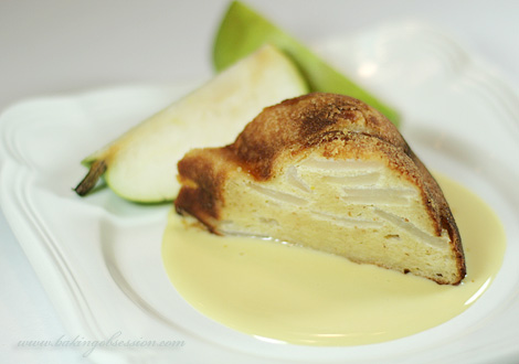 Curd Cheese Zapekanka with Pears and Honey-Flavored Crème Anglaise Slice