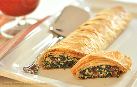 Tofu, Spinach and Sun-Dried Tomatoes Strudel with Red Pepper Sauce