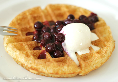 Belgian Waffles with Blueberry Sauce and Sour Cream Ice Cream